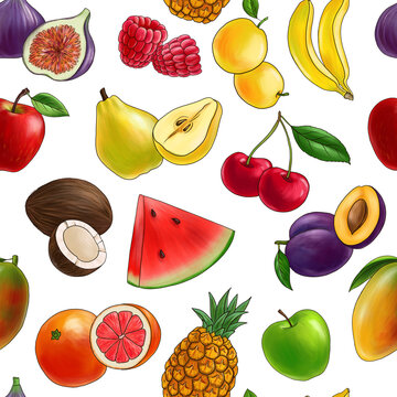 drawing seamless pattern with fruits at white background, hand drawn illustration