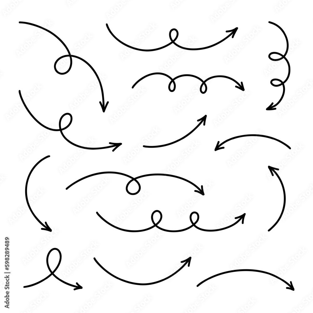 Wall mural hand drawn line arrows set. vector line design elements isolated on white background.