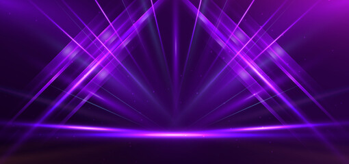 Empty stage glowing purple color light lines on dark purple background.