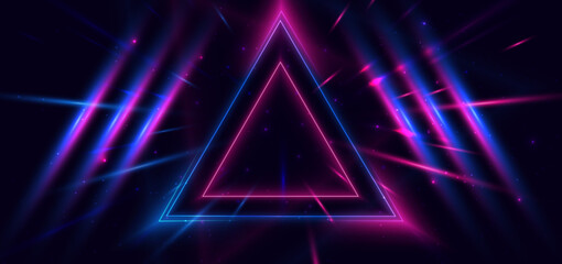 Abstract technology futuristic neon triangle glowing blue and pink  light lines with speed motion blur effect on dark blue background.