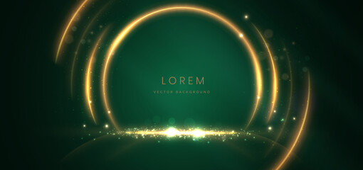 Abstract circle glowing gold lines on dark green  background with lighting effect and sparkle with copy space for text. Luxury design style.