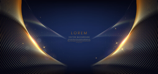 Abstract elegant dark blue background with golden curved line and lighting effect. Luxury template celebration award design.