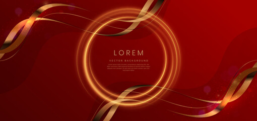 Abstract curved gold shape on red background with lighting effect and copy space for text. Luxury design style.