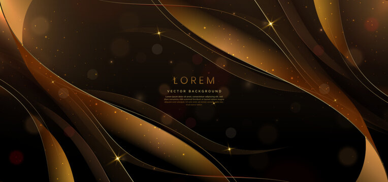 3D gold curved golden ribbon on dark brown background with lighting effect and sparkle with copy space for text. Luxury design style.