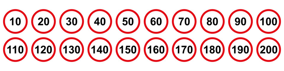 Speed Limit Sign Set. Set of generic speed limit signs with black number and red circle. Vector illustration. - obrazy, fototapety, plakaty