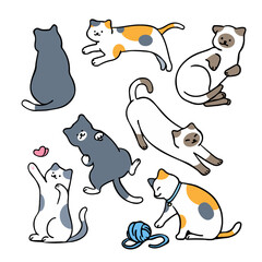 Flat, minimal vector illustration of cats in different poses, with outline style character design.