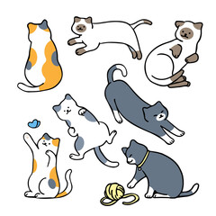 Flat, minimal vector illustration of cats in different poses, with outline style character design.