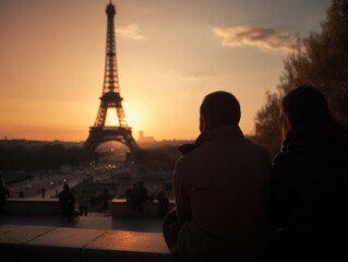 Fototapeta na wymiar A Couple Watching the Sunset at the Eiffel Tower in Paris with Warm Golden and Pink Tones