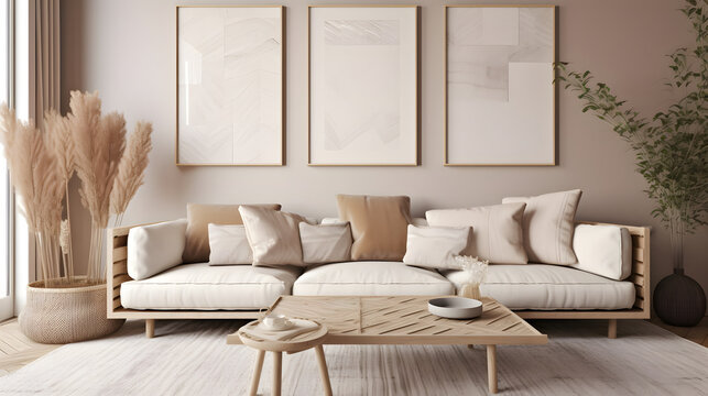 Scandi interior design with beige sofa,wooden boho table and carpet in modern coastal living room. Frame wall mock up. 3d render. High quality 3d illustration