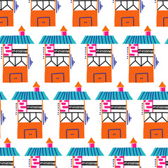 Fun Doodle Vertical Houses Vector Seamless Pattern