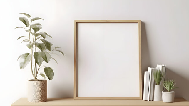 Small vertical wooden frame mockup in scandi style interior with trailing green plant in pot, pile of books and shelf on empty neutral white wall background. A4, A3 format. 3d rendering, illustration