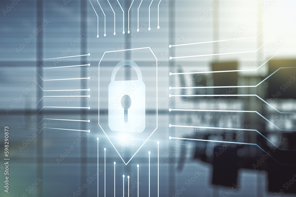 Aufkleber double exposure of virtual creative lock hologram with chip on a modern meeting room background. inf