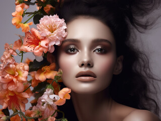 Fototapeta premium Beautiful young woman with flowers. AI generated image.