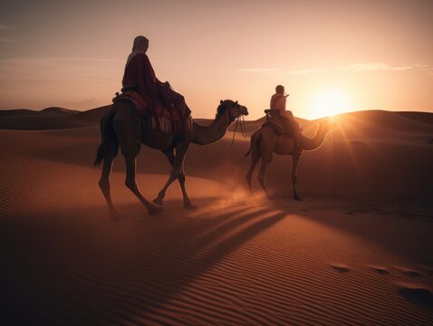 A Family Riding Camels in the Sahara Desert During a Sunset