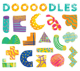 Abstract hand drawn set various shapes and doodle objects illustration. Crayon style design elements.
