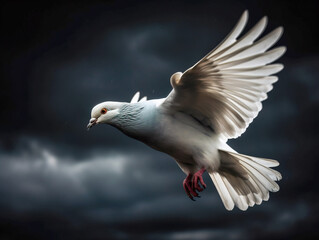 Obraz premium White dove flying against a grey cloudy sky, illuminating its feathers. AI-generated image
