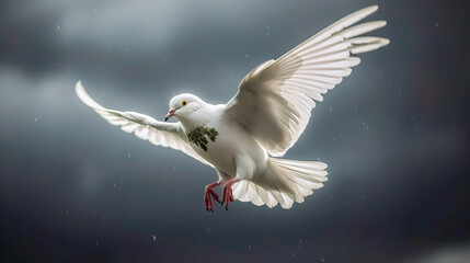 Obraz premium White dove flying against a grey cloudy sky, illuminating its feathers. AI-generated image