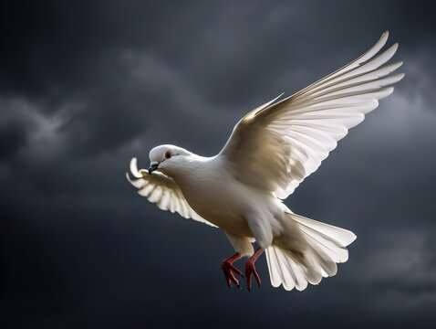 White dove flying against a grey cloudy sky, illuminating its feathers. AI-generated image