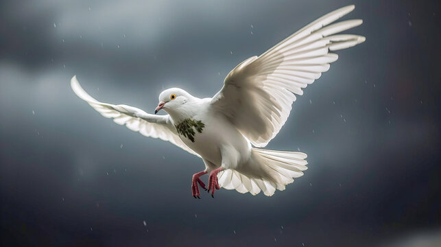 White dove flying against a grey cloudy sky, illuminating its feathers. AI-generated image
