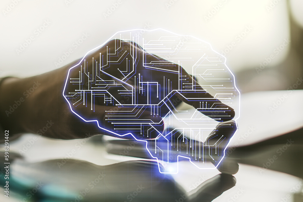 Poster double exposure of creative human brain microcircuit and hand working with a digital tablet on backg