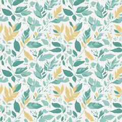 Seamless watercolor pattern of green and yellow leaves. AI generative art, upgraded by human