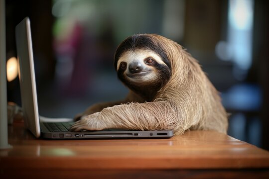 Sloth working laptop office. Generate Ai