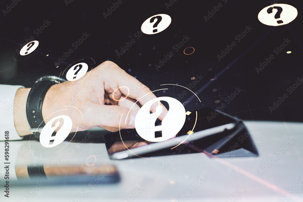 Aufkleber double exposure of question mark hologram and finger clicks on a digital tablet on background. socio