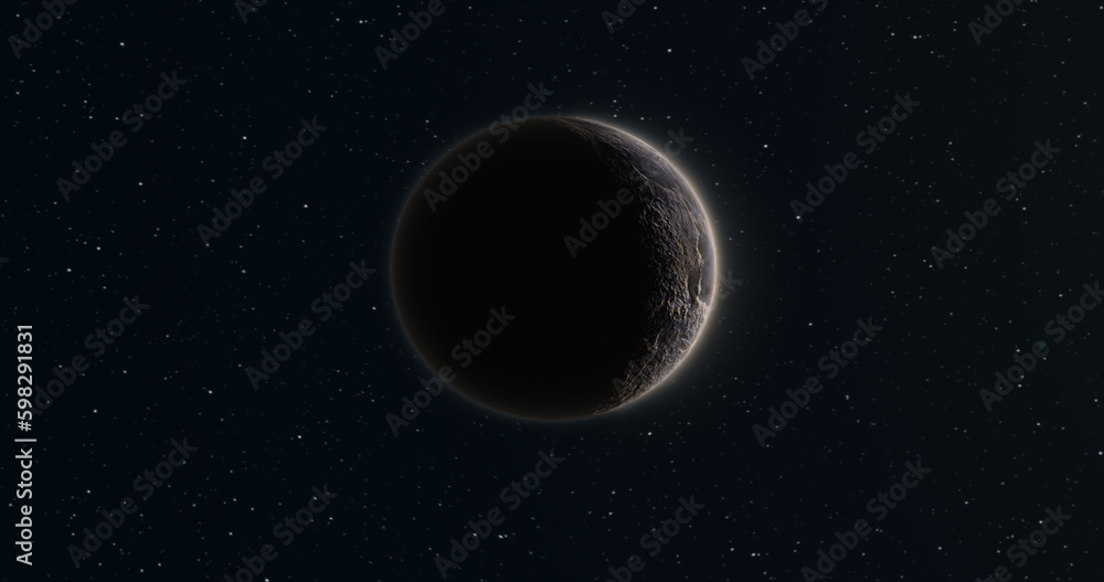Poster abstract realistic space planet round sphere with a stone relief surface in space against the backgr