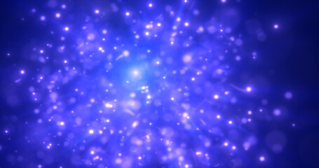 Naklejka na ściany i meble Abstract blue energy particles and dots glowing flying sparks festive with bokeh effect and blur background