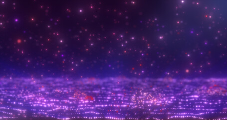 Abstract background of purple glowing falling particles and moving magical energy waves
