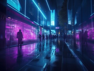 A Group of Pedestrians Walking on a Sleek Glass-covered Sidewalk in a Futuristic City at Night with Bright Purple and Blue Lights Illuminating the Surroundings