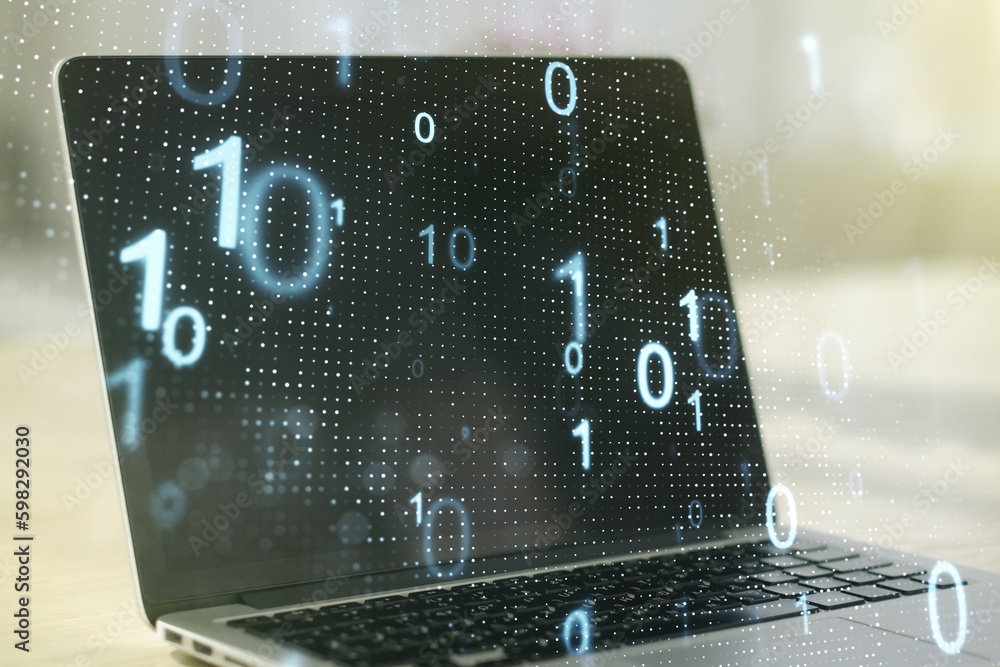 Leinwandbilder creative abstract binary code sketch on modern laptop background, hacking and matrix concept. multie