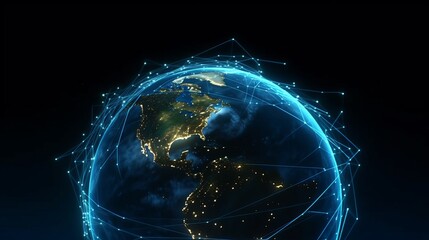 Fototapeta night earth global virtual internet world connection of metaverse technology network digital communication and worldwide networking on connect 3d background, earth globe with space, Generative AI obraz