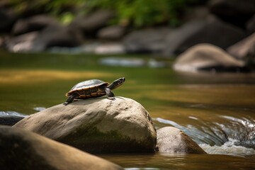 A turtle on a rock in a rive