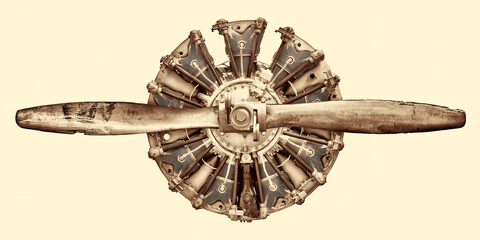 Retro styled image of an ancient airplane engine with propeller