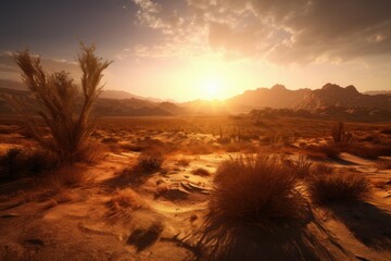 Naklejka premium Sunset desert scene. Generate Ai