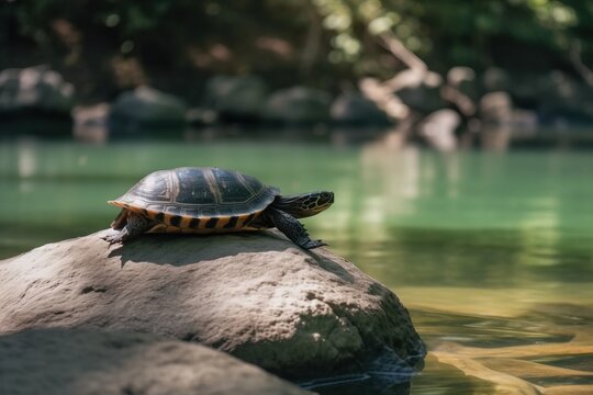 A turtle on a rock in a rive