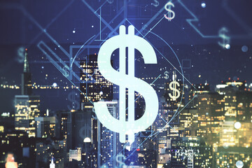 Double exposure of virtual USD symbols hologram on San Francisco city skyscrapers background. Banking and investing concept