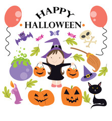 halloween party set with girl in witch costume holding pumpkin, isolated on white background