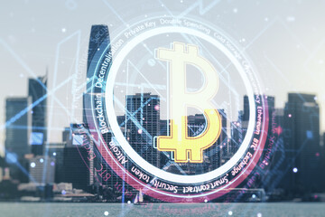 Virtual Bitcoin sketch on San Francisco cityscape background. Double exposure