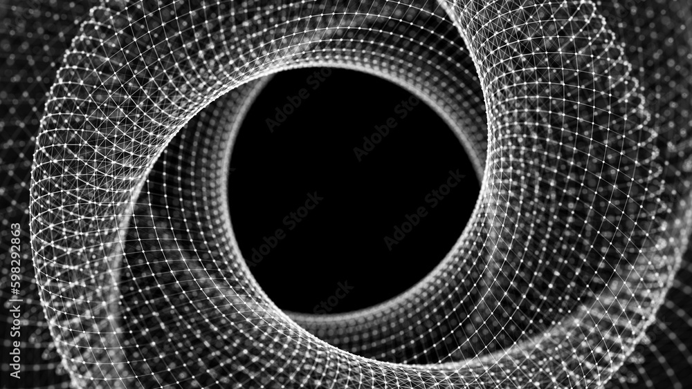 Poster Abstract tunnel of dots and lines. 3D wormhole with a mesh structure. Vortex. 3d rendering