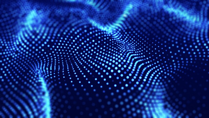 Abstract wave of many glowing particles. Network of neon dots. Big data. Digital background. 3d rendering