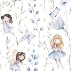 Obraz na płótnie Canvas Fairy and Flowers watercolor seamless girls nursery pattern. Cartoon pink magic girl baby background. Faitytale textile art