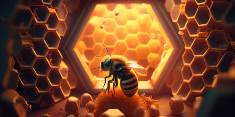 A bee inside beehive close up, hexagonal cells from which honey comes out - obrazy, fototapety, plakaty