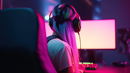 Beautiful teenage girl working on PC with neon lights. Generative AI