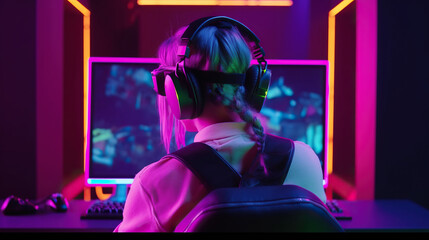 Pro gamer girl playing online FPS game on PC with neon lights. Generative AI