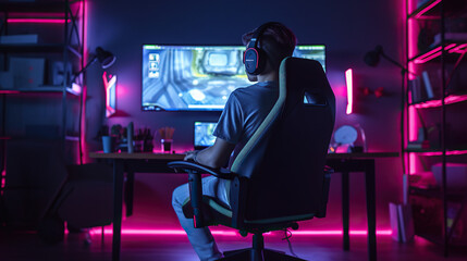 Male professional gamer playing online game on computer from behind. Generative AI