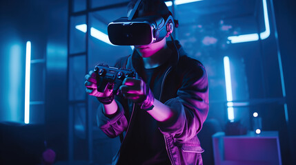 Online gamer in a cyberpunk VR setup. Generative AI