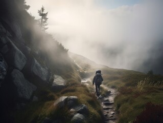 A Traveler Hiking Up a Mountain Trail in the Early Morning