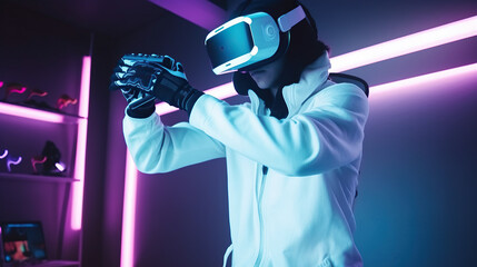 Cyberpunk gamer with VR headset and motion sensors. Generative AI